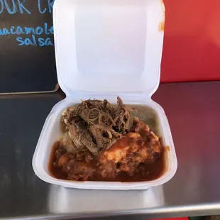 My first plate - Brisket Taters with red and green chile sauce