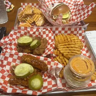 Soy garlic/wild zing wings, chicken sando, fries w/ honey butter