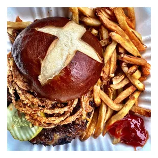 Hangry&apos;s Pulled Pork Burger! W/Fries! Pretty Amazing! Pulled Pork on Beef Pattie on Pretzel Bun! W/ pickle &amp; crispy onions! Perfecto!