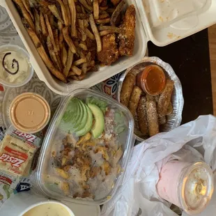 Traditional Wings, Chopped Salad, 10 Piece Cheesy Sticks, (16.oz) Cream of Chicken with Rice Soup, Strawberry Cheesecake Milkshake