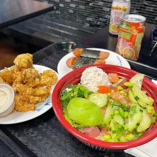 Karaage, spam musubi and a beautiful poke bowl