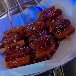 Sausage and rice cake skewers