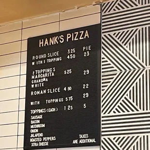 the menu for hank's pizza