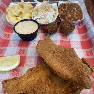 Catfish, Mac &amp; Cheese, Peanut Slaw, Baked Beans, Cajun Tartar Sauce