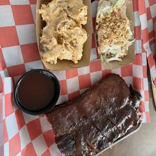 Ribs, potato salad, coleslaw