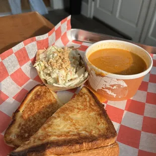 Grilled cheese, tomato soup, peanut coleslaw.