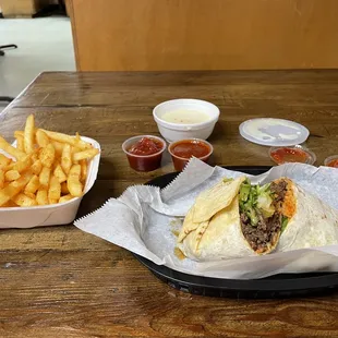 Beef Burrito, Sesame Fries, queso