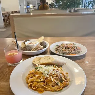 mafalde pasta + frozen paloma + meatballs + soba salad