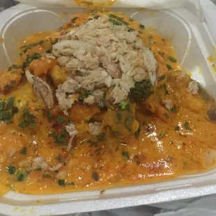 $10 potato w/ shrimp &amp; crawfish $12 potatoe w/ shrimp, crawfish, &amp; crabmeat (pictured)