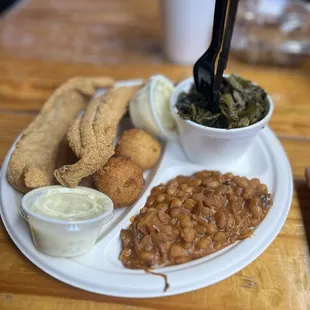 Catfish, beans and greens