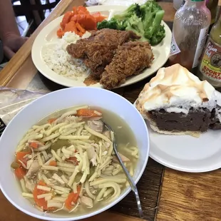 Chicken noodle soup, fried chicken plate and chocolate meringue pie. Homemade goodness!