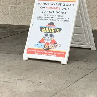 Display sign at Hank&apos;s Frozen Custard &amp; Mexican Food.