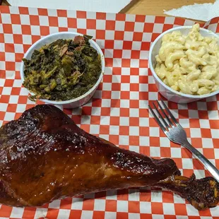 Smoked turkey leg + Mac + collard greens