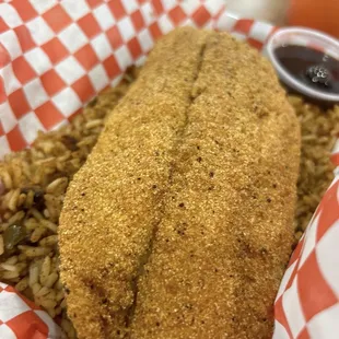 Catfish and dirty rice.