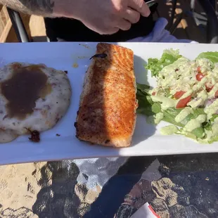 Salmon dinner with salad and mashed potatoes- great!