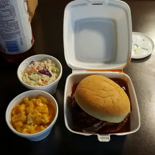 The beef brisket dinner with coleslaw and the mac and cheese.