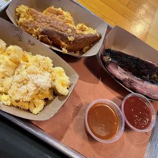 Ribs, Mac and cheese, corn spoon bread.