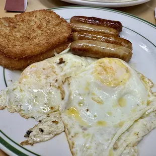 Hungryman - two over easy eggs, hash brown and sausage links.