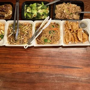 Top: Mongolian Beef, Bok Choy w/Garlic Sauce, Bulgogi Bottom: White rice, Chapchae Noodles, Pot Stickers, Pork Fried Rice
