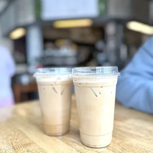 hazelnut latte (left) and vanilla latte (right)