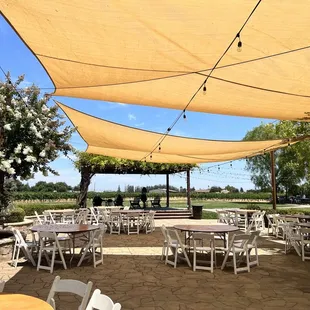 tables and chairs under shade