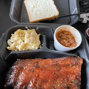 Baby Back Ribs w/ 2 sides: Gouda Mac and cheese and pulled pork pork and beans