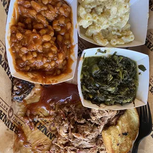 Mac n cheese, beans, mustard greens, pulled pork platter