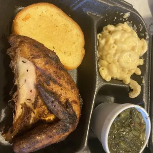 Bone In white Chicken Platter with Braised Mustard Greens, Mac n cheese &amp;Garlic Toast