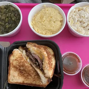 Grilled Cheese Brisket, Greens, Corn Pudding, Mac &amp; Cheese