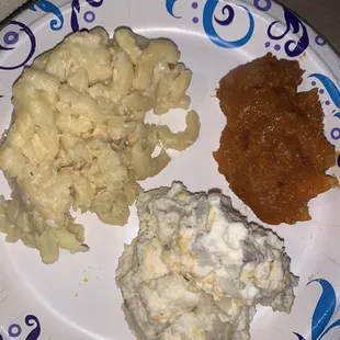 gouda mac, loaded potato salad, sweet potato casserole (yum)