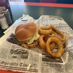 Pork BBQ Sandwich with Onion Rings