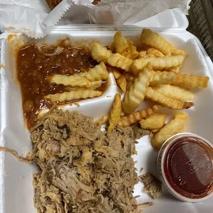 pulled pork, fries, and coleslaw