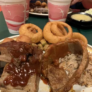 Ribs , brisket, pulled pork with onion rings and fried okra