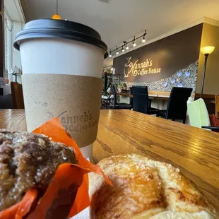 Peppermint mocha, banana pumpkin nut muffin, chocolate croissant