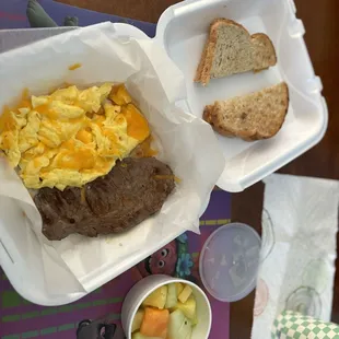 Steak and eggs with toast special. Usually come with grits or red skinned potatoes but I asked for fruit.