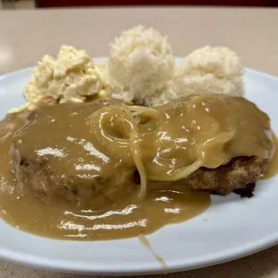 Hamburger Steak plate; add sautéed onions