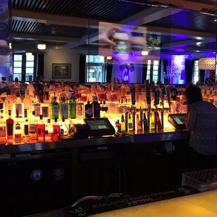 a bar filled with liquor bottles