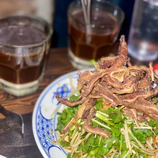 pig ears salad, viet coffee cocktail