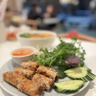 Crab meat spring rolls and veggies