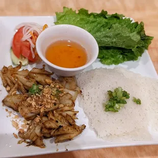 a plate of rice, vegetables, and sauce