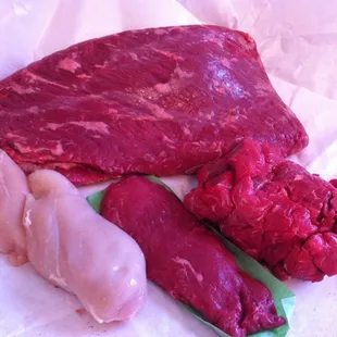 Brisket, Vegas steak, lean stew meat and chicken breast!