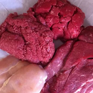 Stew meat, boneless chuck, ground beef, chicken breast!