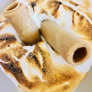 Lemon Meringue. Vanilla chiffon sponge, lemon curd, lemon Bavarian cream, topped with meringue. Insanely delicious.