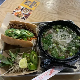 Banh mi and pho combo (BBQ pork and beef, respectively) - $16