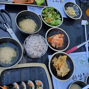 Korean pancake, rice and banchan, miso, and kimbap