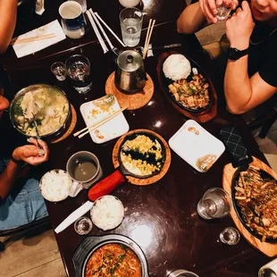 Mandooguk, special bbq combo, galbi bibimbap, cheesy corn, barley tea, yukgaejang