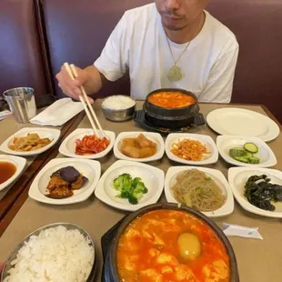 9 banchan spread + tofu soup