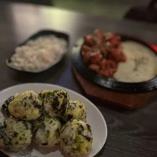 Rice balls, chicken w/ cheese and side of udon