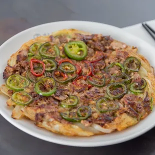Meat Pancake Crispy pork pancake with Onion and pepper.