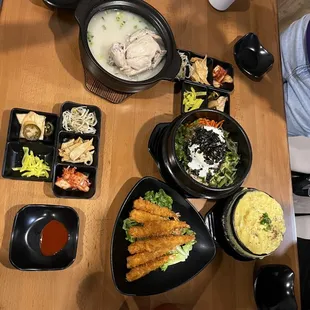 Deep fried shrimp, Bibimbap w/chicken, steamed egg,  beef bulgogi